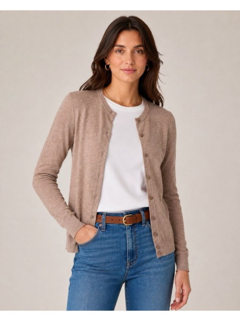 J Crew Caryn Cardigan Sweater XS 100% Cotton Heather Mushroom Tan Preppy Soft